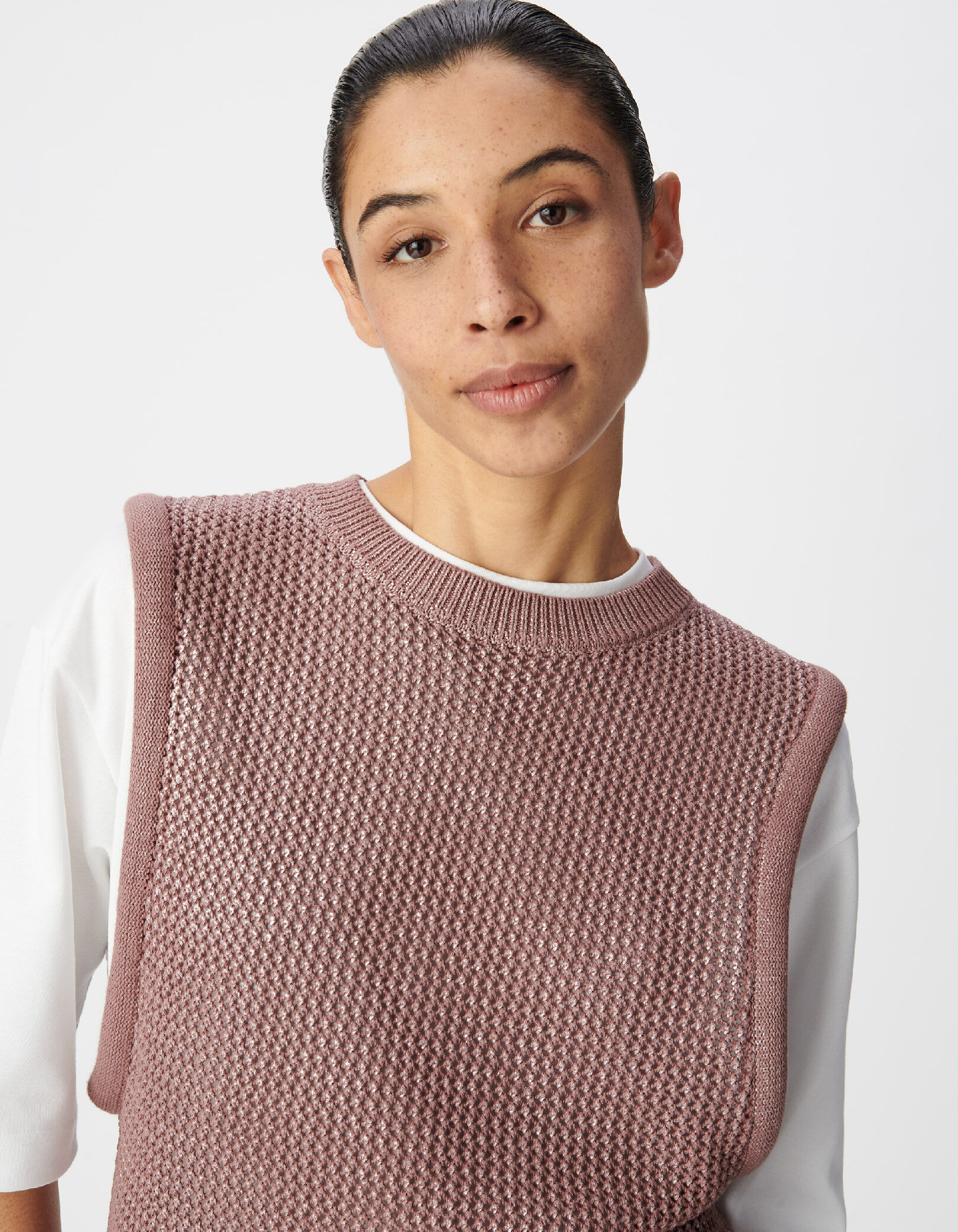 Pull sans manches marron tricot enduit ajouré Femme