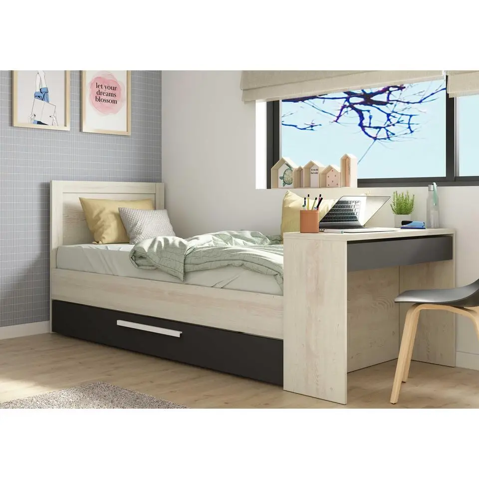 Bed Shipley 90x200 met bureau en bedlade - grenen/ wit