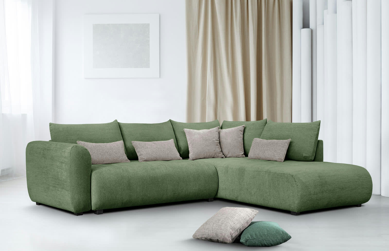 SORENO - Canapé d'angle droit 5 places vert foncé avec le couchage