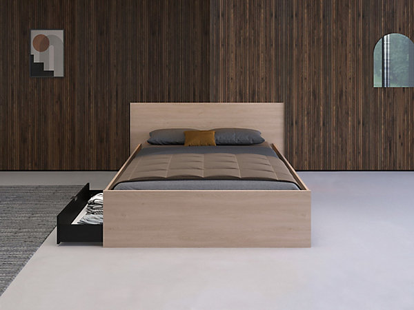 Lit avec 2 tiroirs 140 x 190 cm - Coloris : Naturel et noir   sommier - VELONA