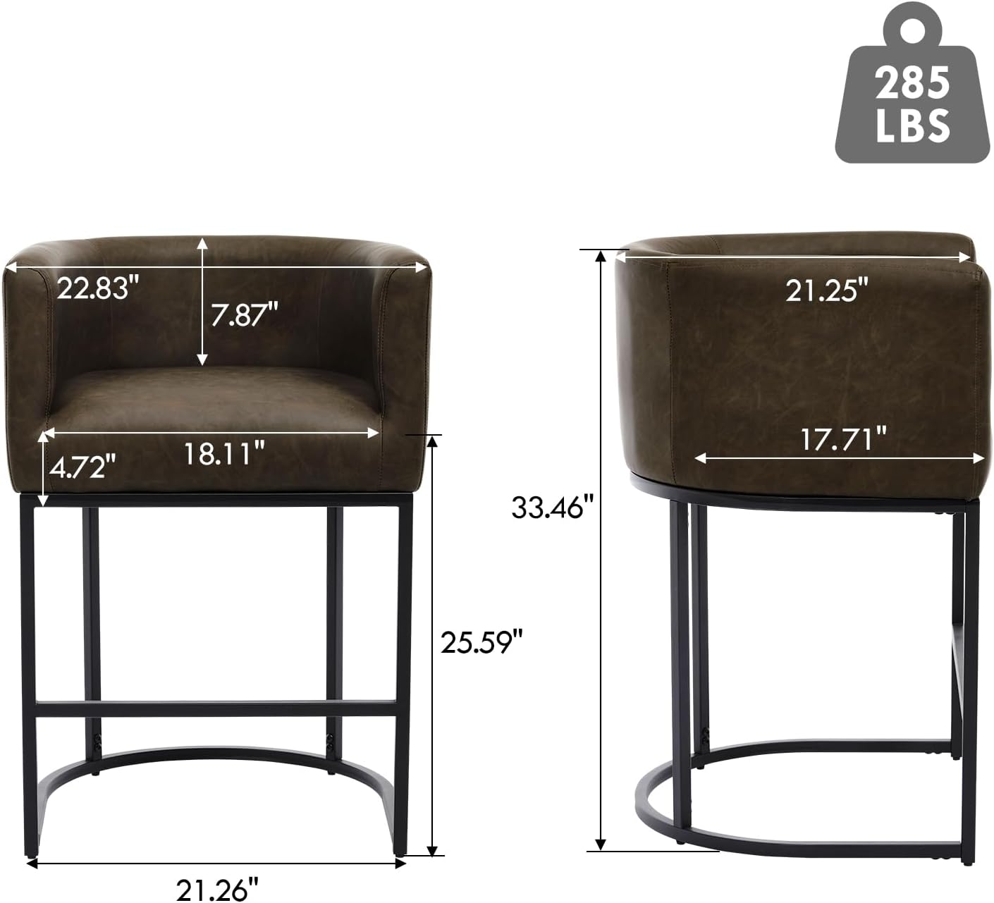 Upholstered Counter Height Bar Stools Set of 2, Modern Barrel Counter Stools with Arms, PU Leather Barstools Kitchen Bar Height for Island with Black Metal Frame, Brown