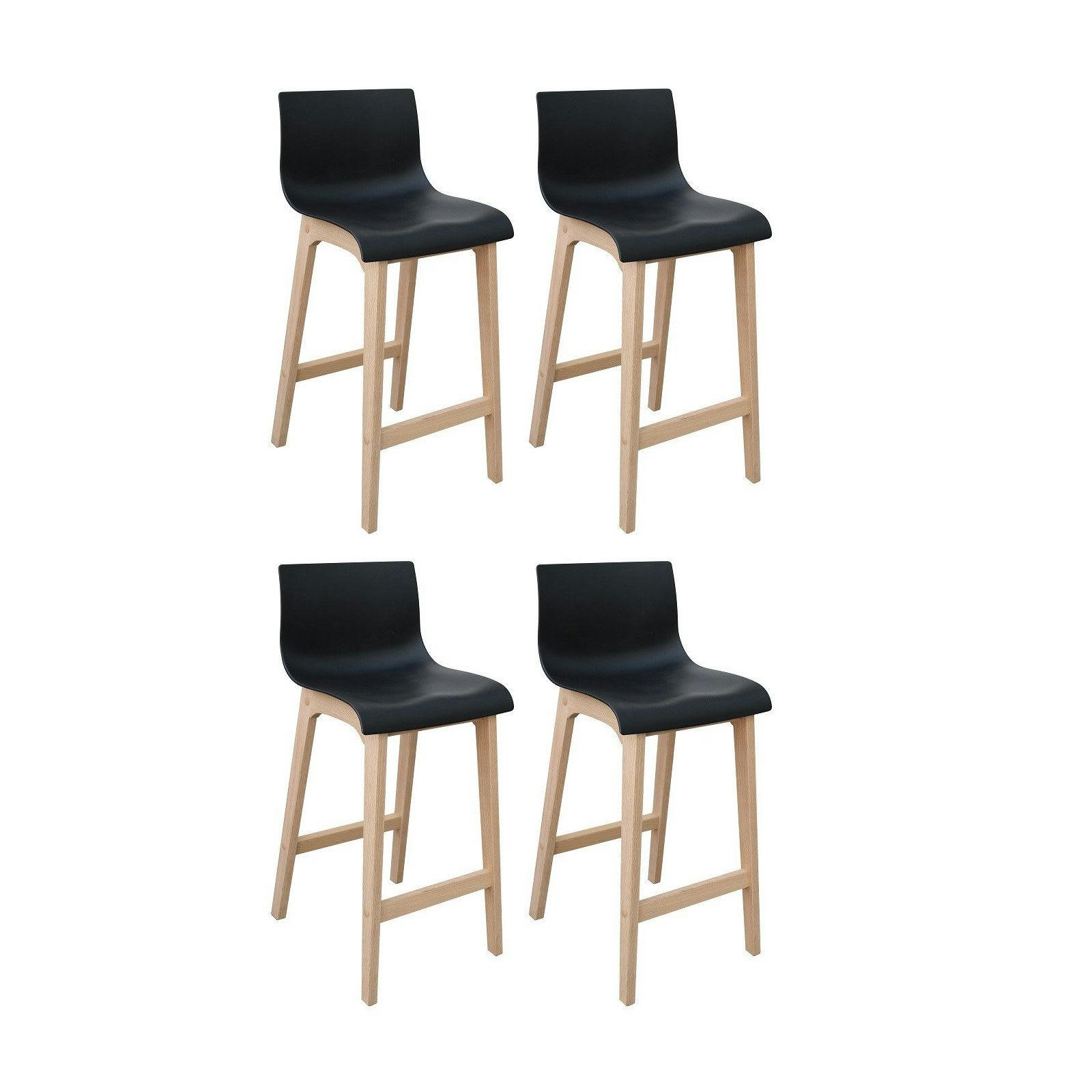 TANNA - Tabourets d'ilot 65 cm  pieds chêne assise plastique noire - Lot de 4