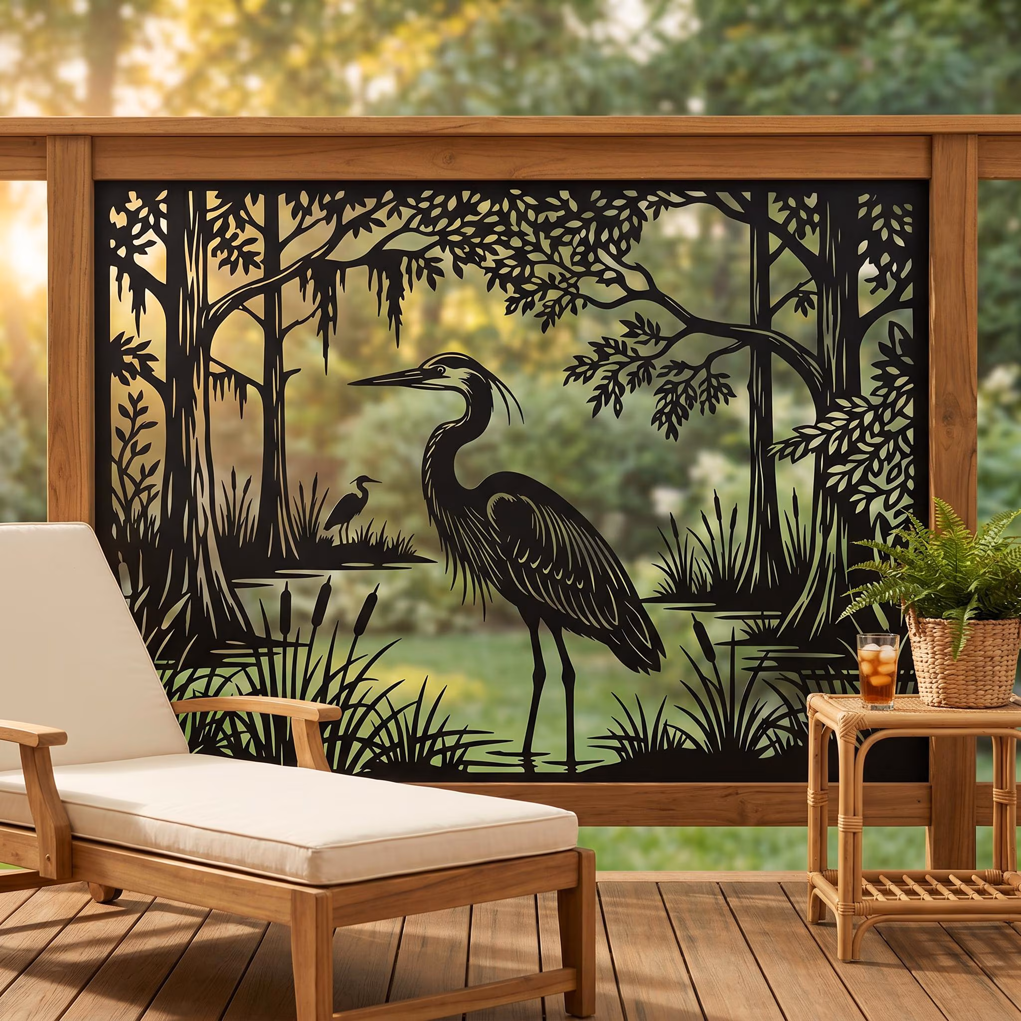 Blue Heron Metal Privacy Screen, Cattail Garden Fence Panel, Indoor Outdoor Patio Yard Wall Decor