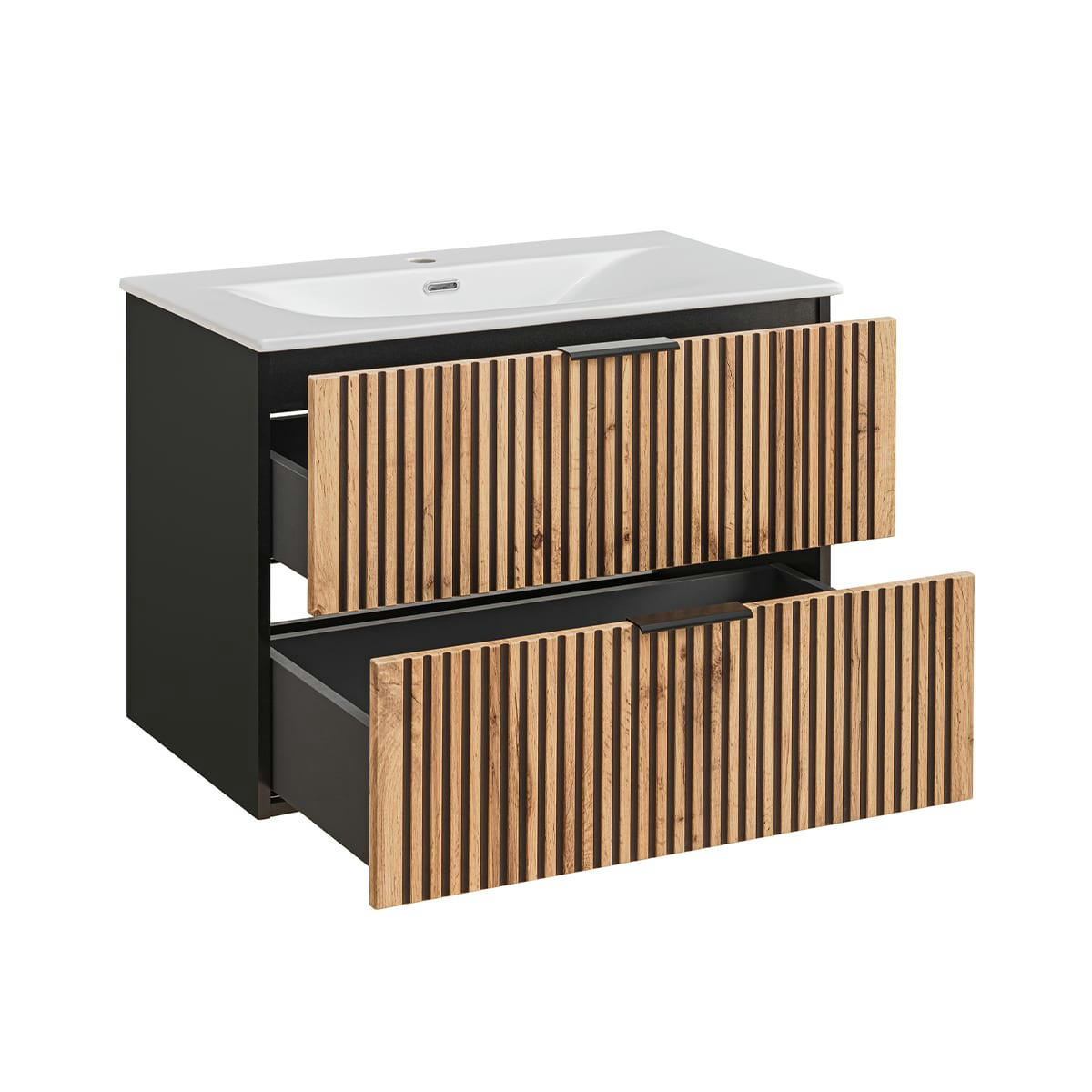 - Meuble simple vasque encastrée 80cm naturel et noir