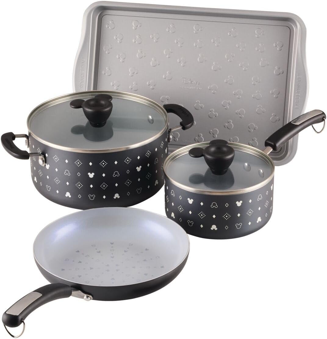 Farberware Disney Monochrome Ceramic Nonstick Cookware Pots and Pans with Baking/Bakeware Cookie Pan and Kitchen Cooking Tool Set, Dishwasher Safe, 8 Piece Cookware Set - Black