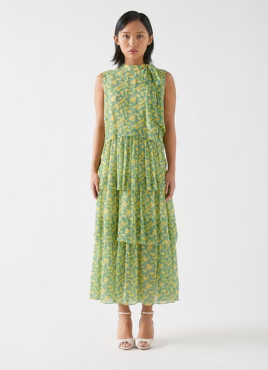 Kristin Petite Italian Straw Multi Viscose Blossom Print Tiered Georgette Dress