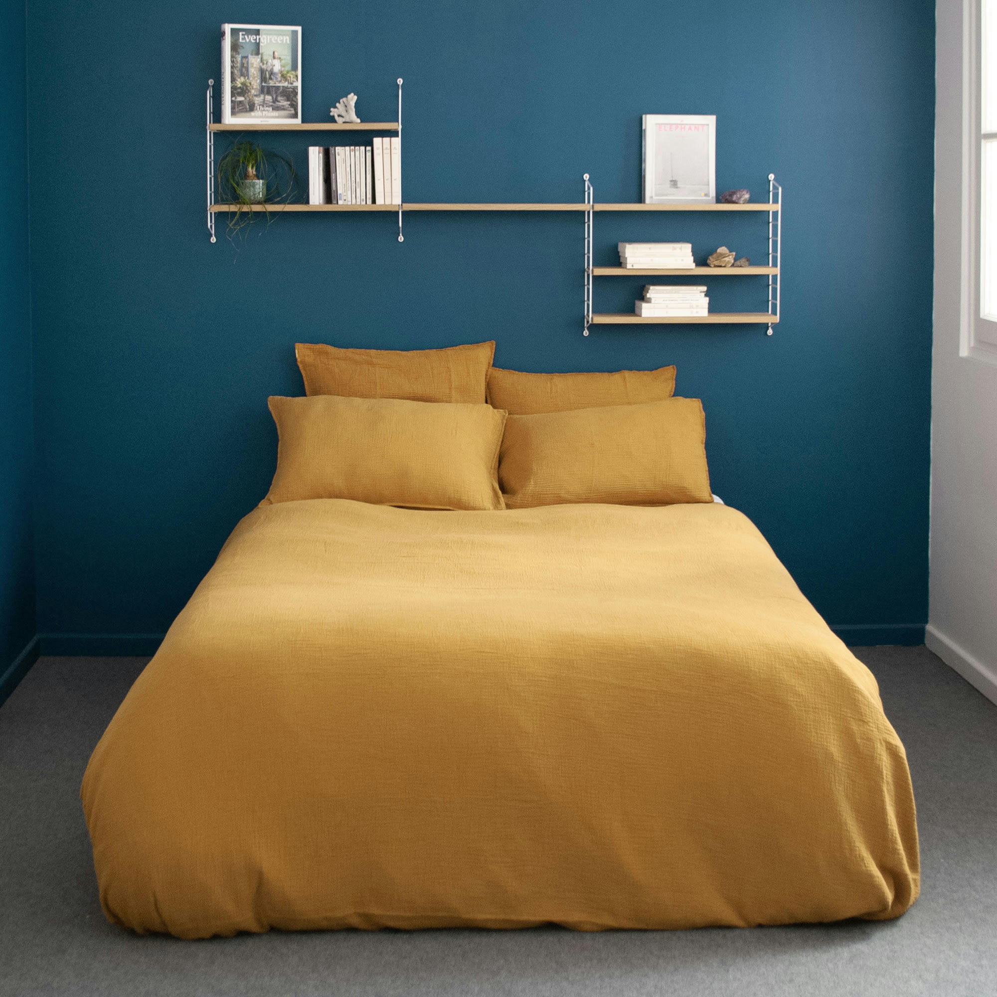 - Housse de couette en double gaze de coton jaune safran 140x200 cm