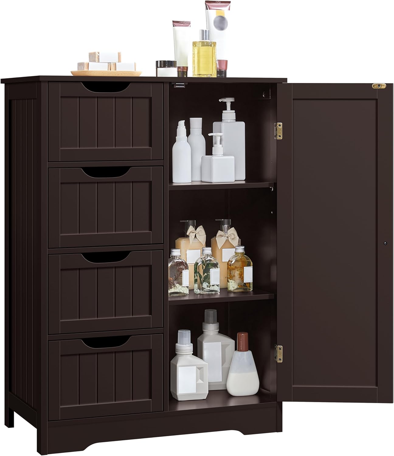 Yaheetech Large Bathroom Floor Cabinet with 4 Drawers and Single Door Cabinet, Freestanding Storage Cabinet for Living Room Kitchen Hallway, Espresso