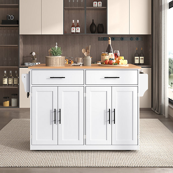 Îlot de Cuisine Pliable Service avec Plateau Rabattable et Roulettes, Pieds Bois Interchangeables, MDF Blanc, 120x46(70)x91 cm