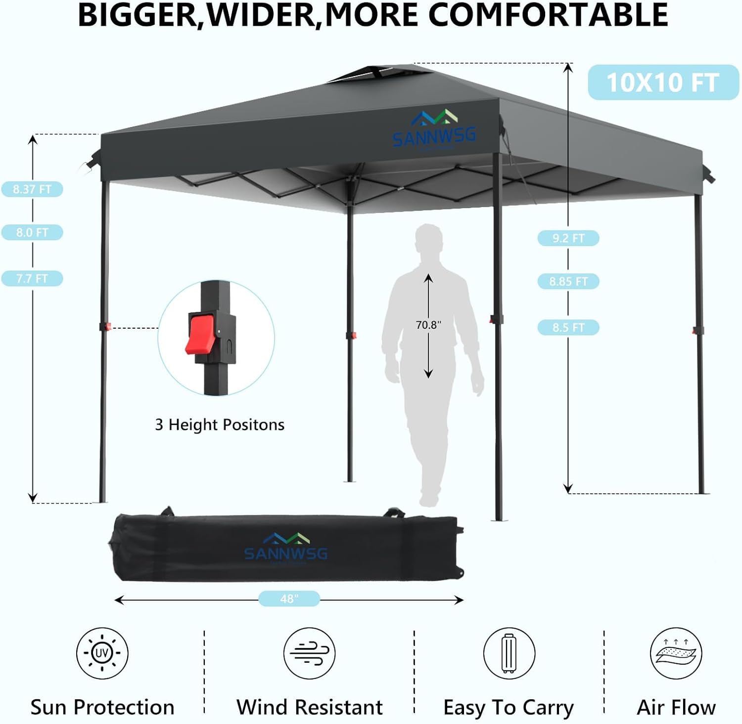 10X10 Pop Up Canopy Tent with 3 Sidewalls Easy Up Canopy Commercial Instant Shelter Heavy Duty One Person Set Up Event Tent Gray
