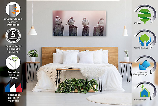 ILO Radiateur électrique Mural Rayonnant 750W Extra Plat Verre Trempé Wifi Fleurs Au Couteau