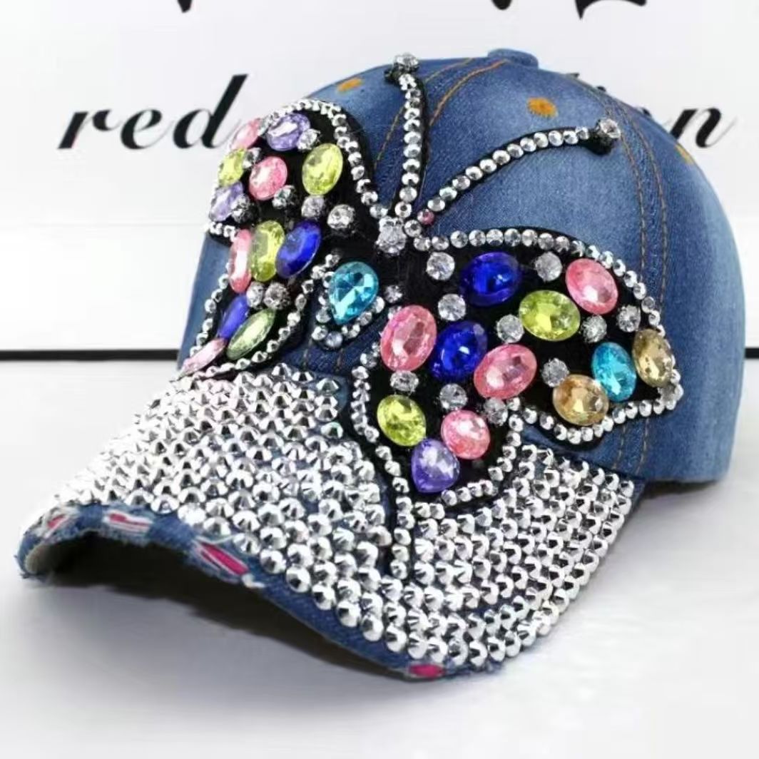 PEACH ACCESSORIES Denim Cap with Large Crystal Butterfly Accent