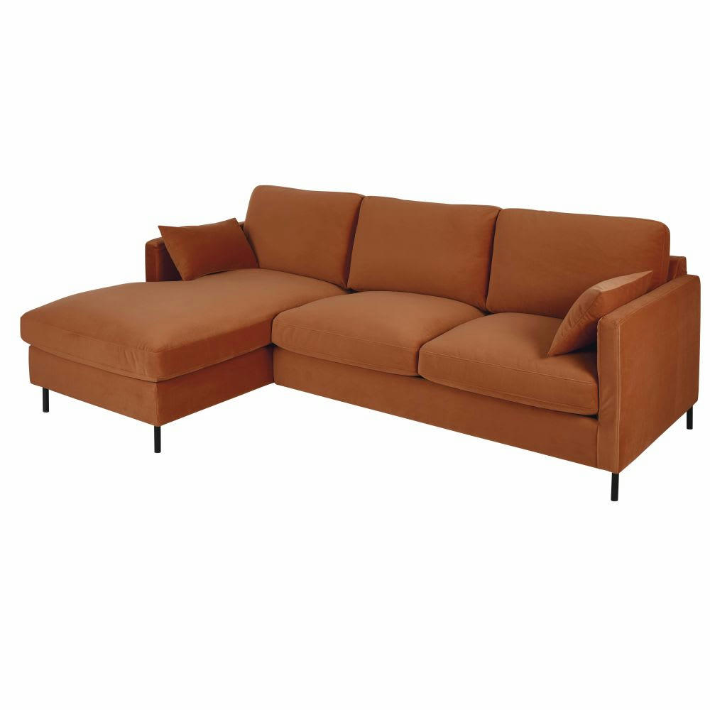 Julian - Canapé d'angle gauche 3/4 places en velours orange écureuil