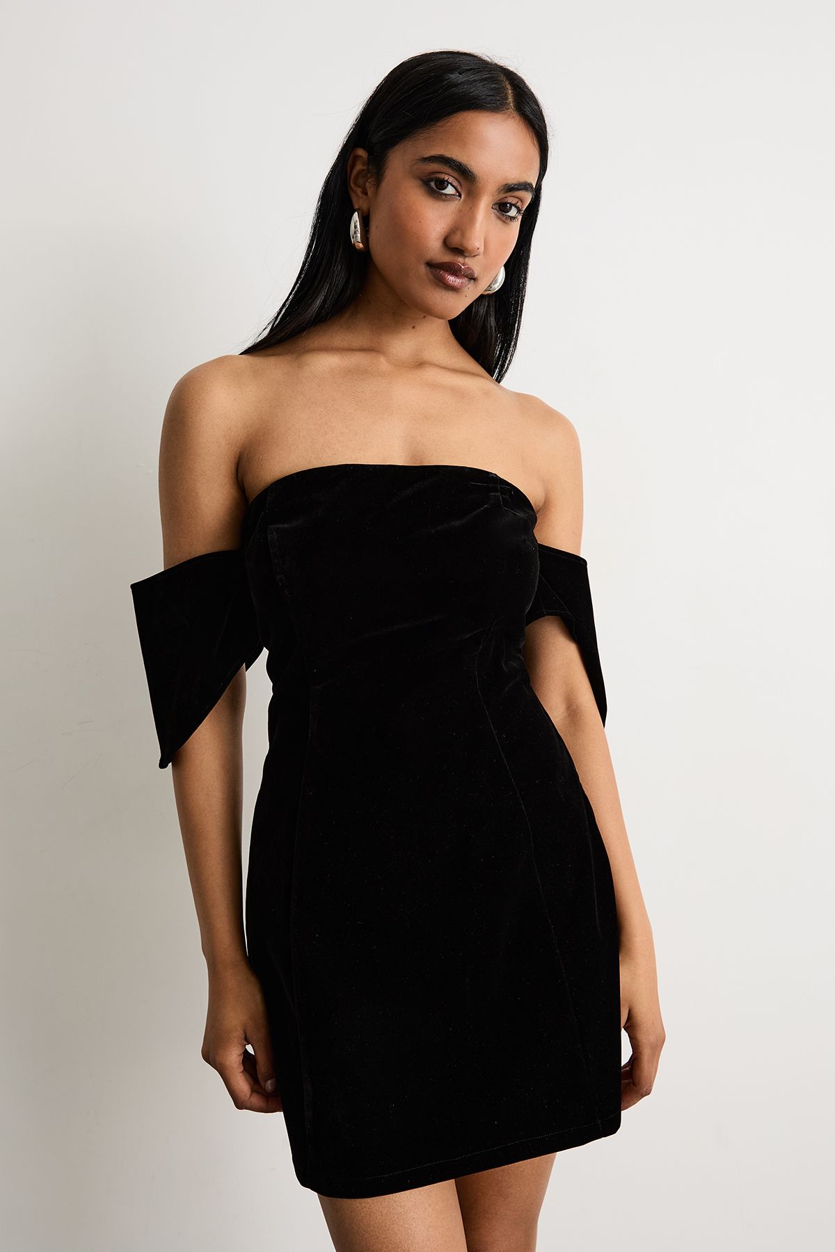 Warehouse Bonded Velvet Bardot Mini Dress