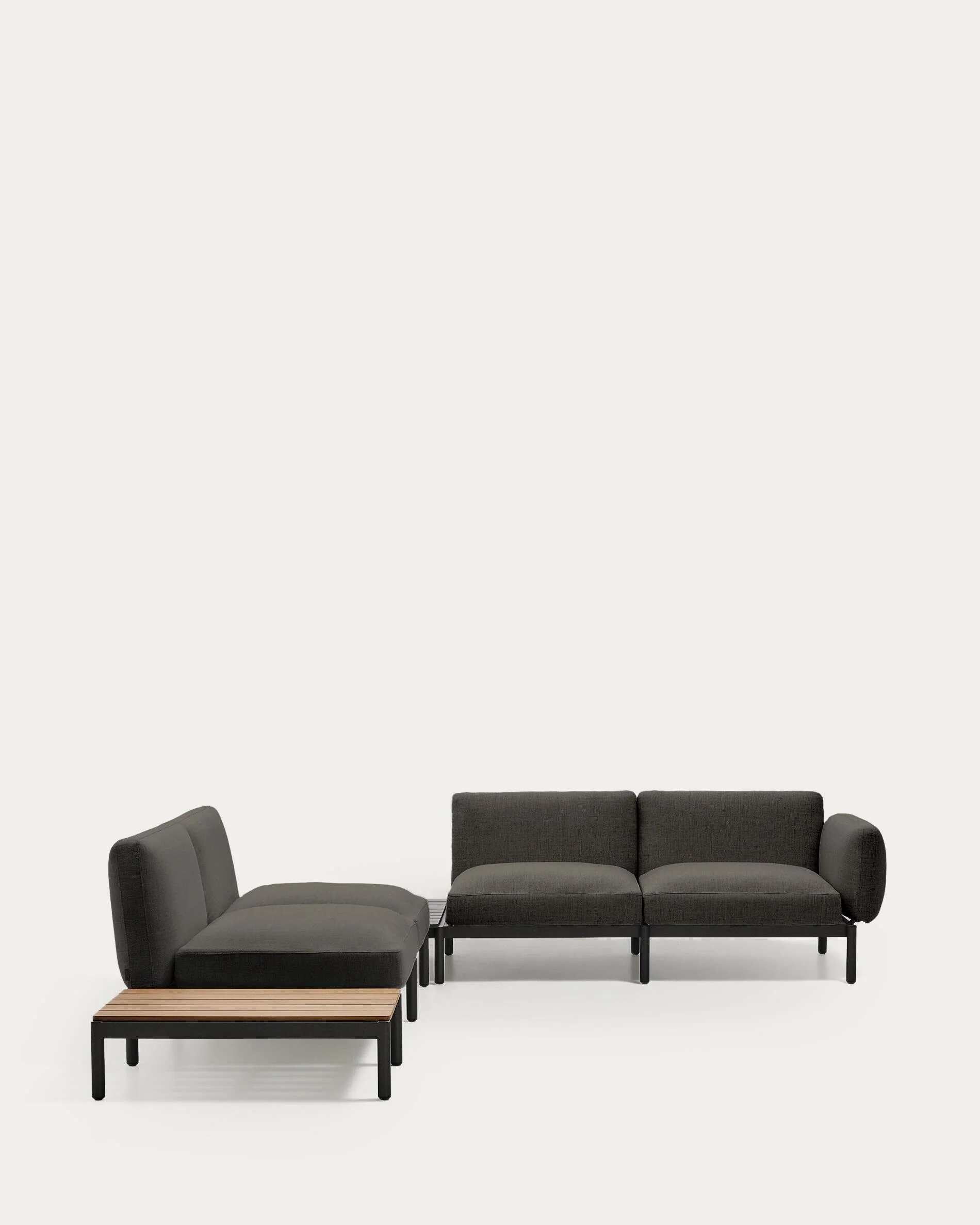 Sorells outdoor modular 4-seater corner sofa with grey upholstery and grey aluminium with teak table 353 x 316.5cm FSC 100%