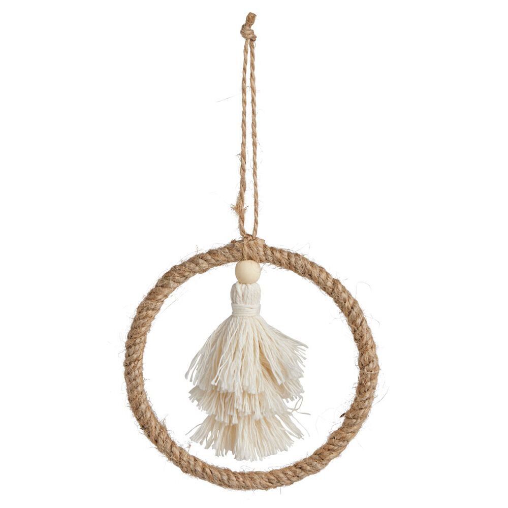 Décoration pompon dans cercle à suspendre beige Ø10cm