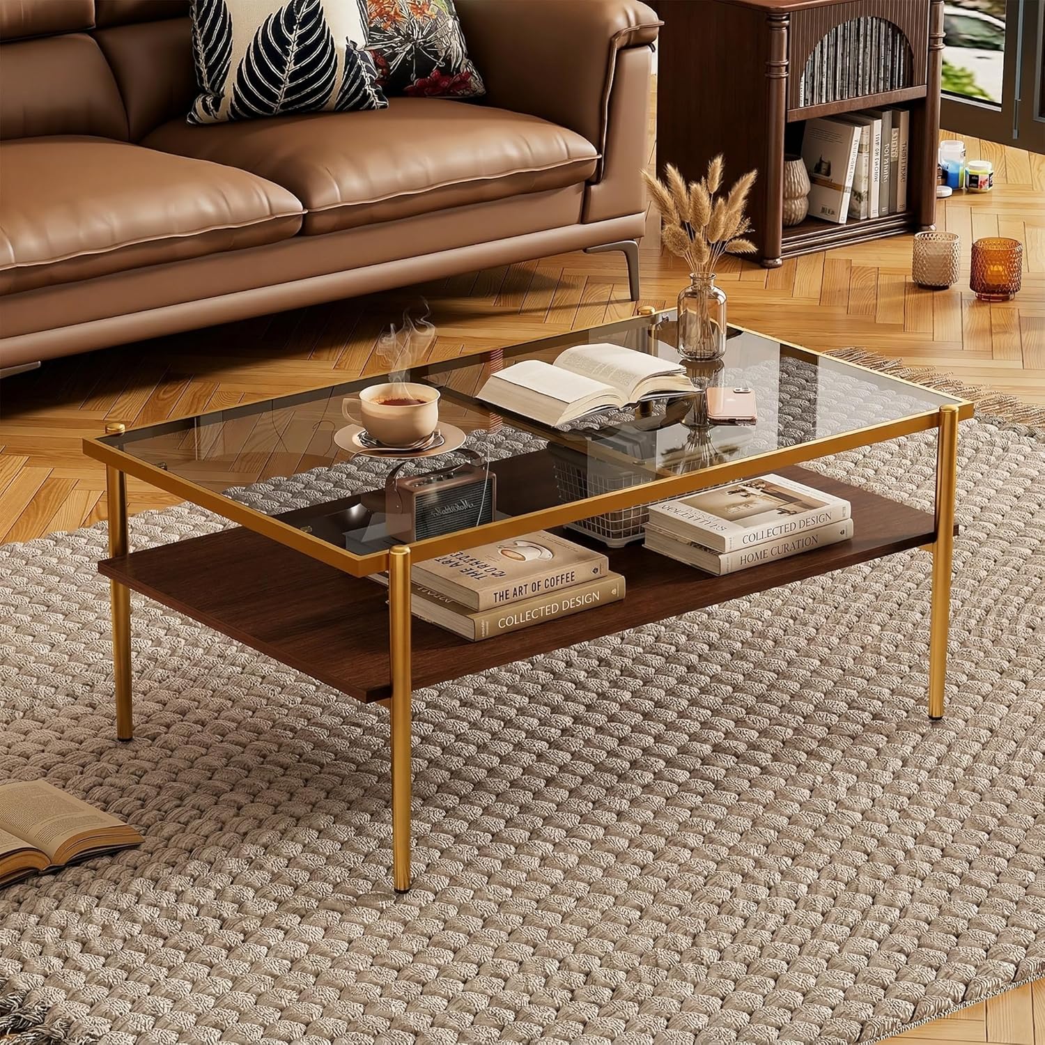 Casaphoria Rectangle Coffee Table with Gray Tempered Glass Top, 2-Tier Modern Center Cocktail Table with Golden Metal Legs and Wooden MDF Storage Shelf for Living Room, 38 Inch, 220 LBS Capacit