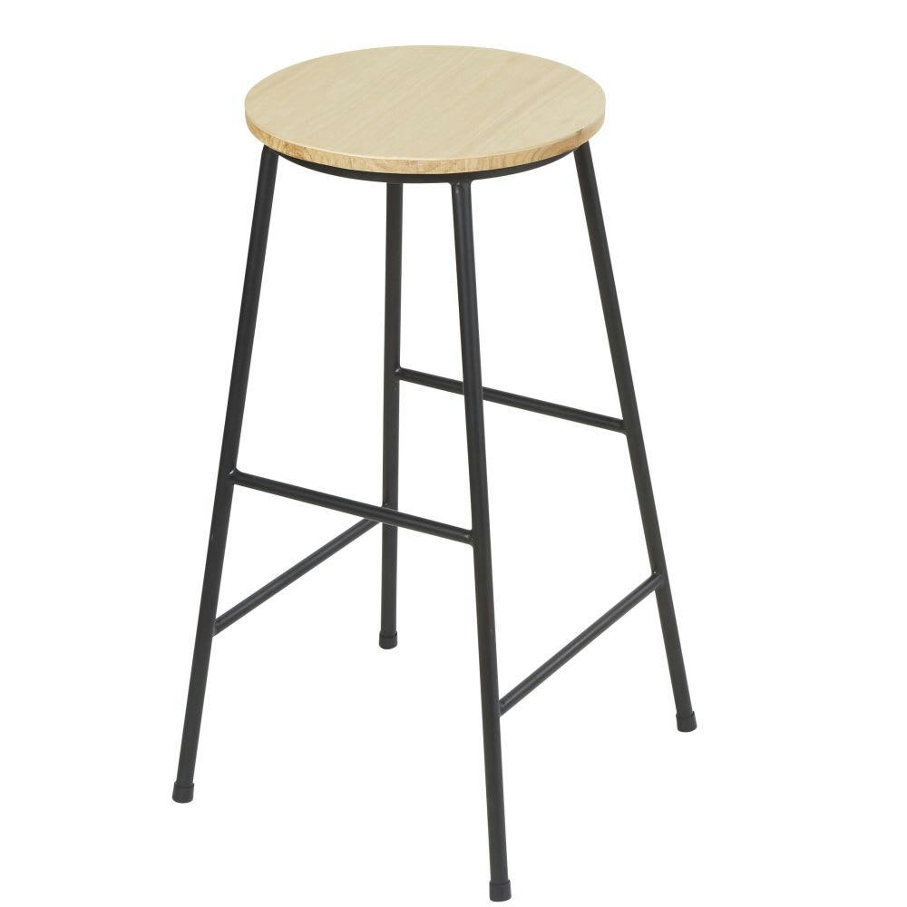 Stan - Tabouret de bar industriel en bois de sapin et métal noir H64