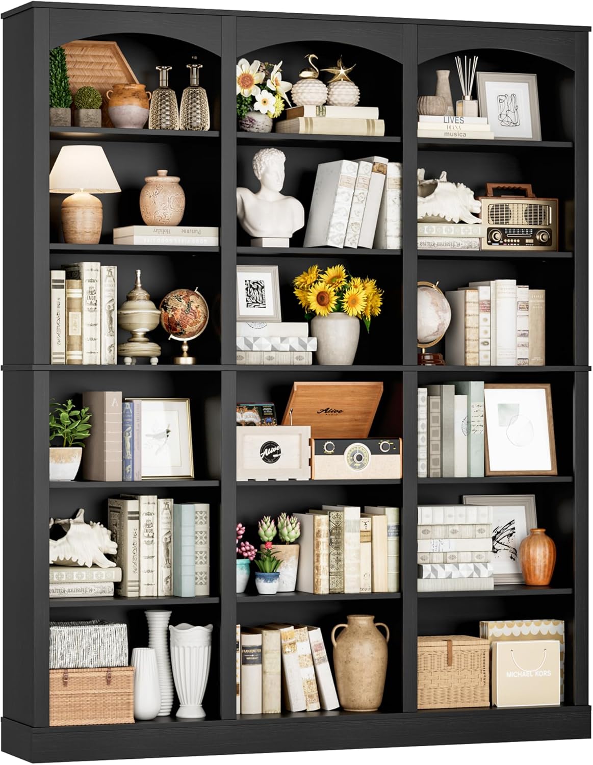 FACBOTALL 71 Triple Wide Bookshelf, 6 Tier Tall Bookshelf, Large Book Shelf with Curved Baffle, 63.4 Wide Bookcase with 18 Open Display Shelves for Living Room, Study, Black