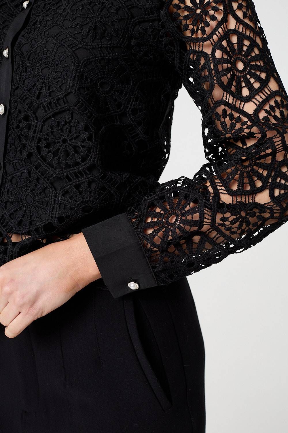 Izabel London Lace Layer Sheer Sleeve Cropped Shirt