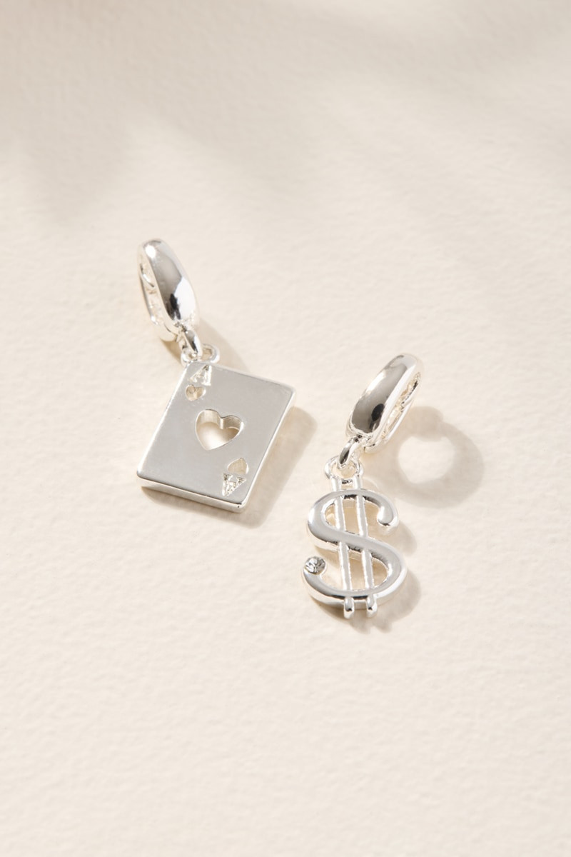 Playing Card and Money Sign Charm Set Silver