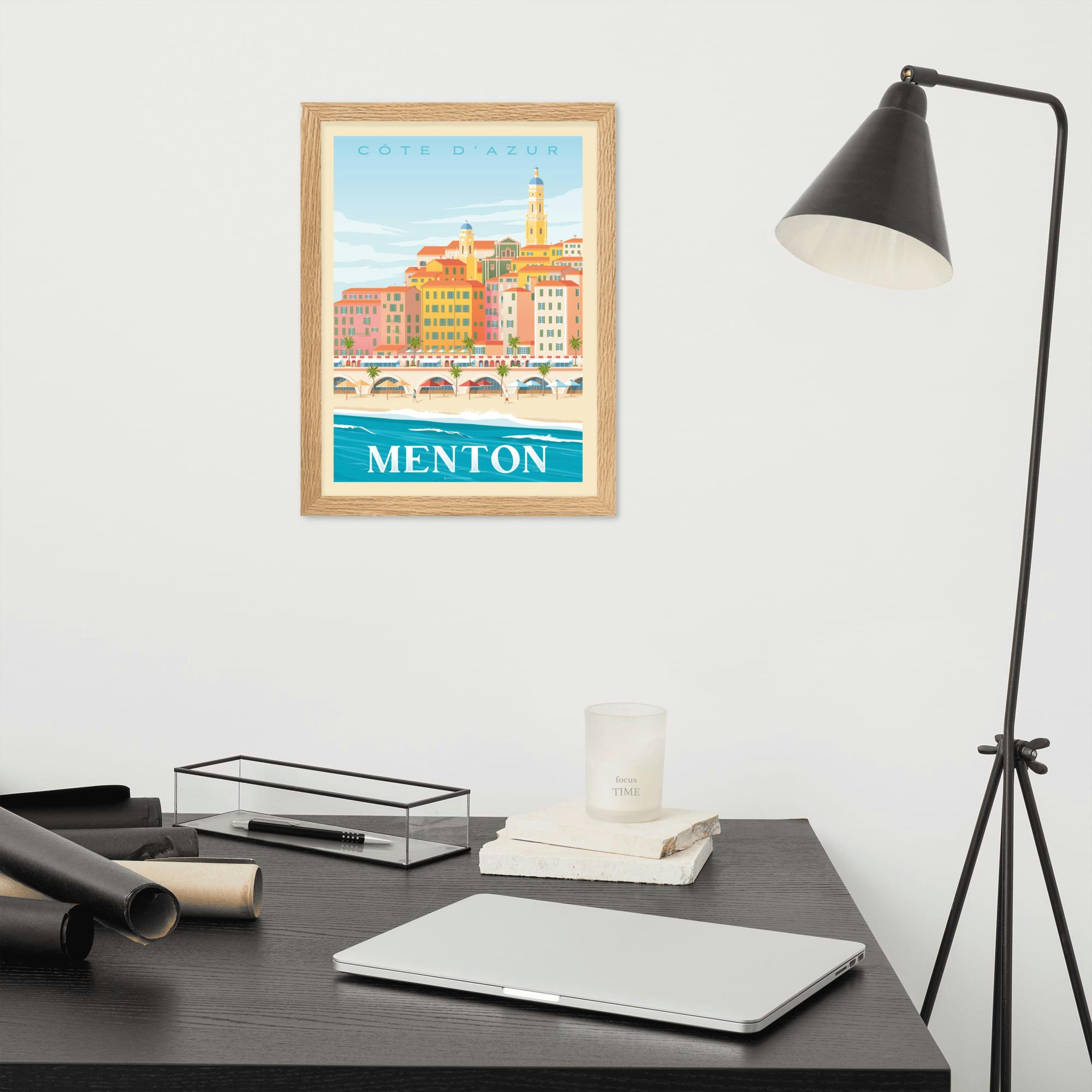 - Affiche Menton France avec Cadre (Bois) 21x29,7 cm