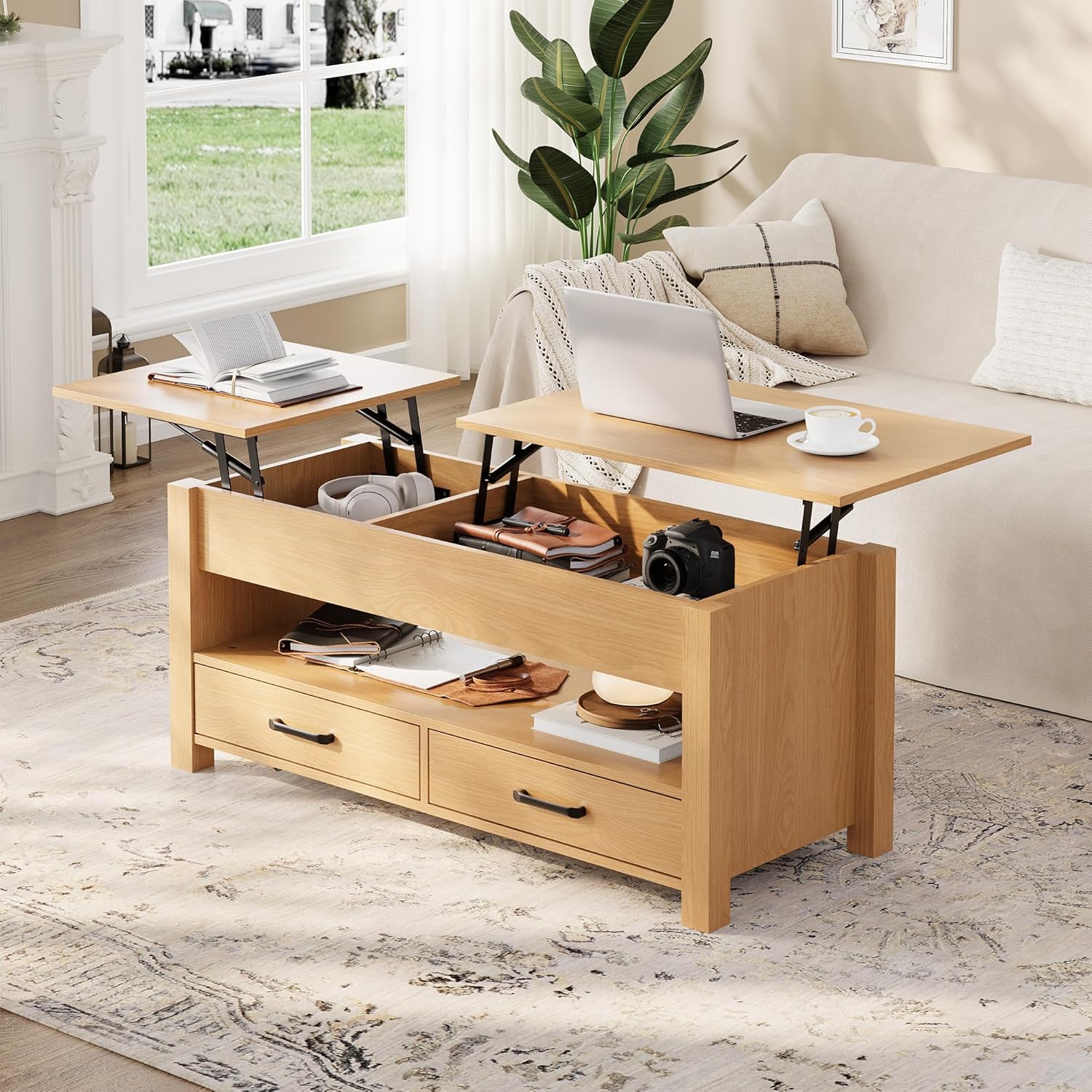 GarveeHome Coffee Table Lift Top, Convertible Coffee Table with Wooden Lift Tabletop, 2 Drawers and Hidden Compartment, Central Table with Storage for Living Room Home Office, Natural