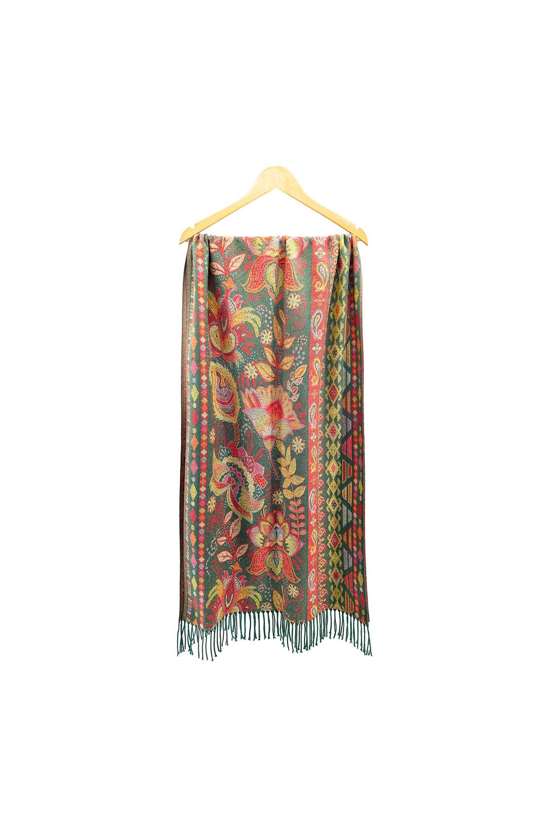 Vellin Green Paisley Floral Wool-Blend Scarf with Tassels