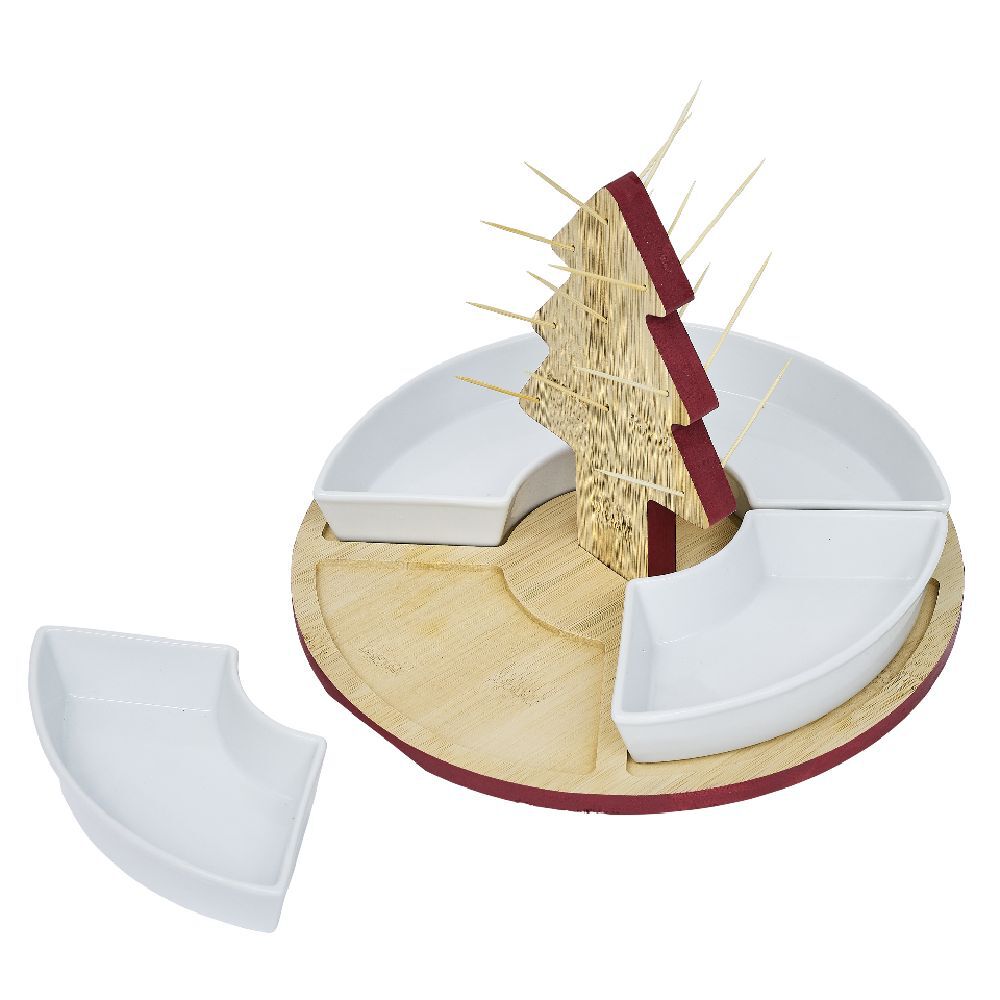 Set apéritif plateau bambou sapin No&euml;l et coupelle x4