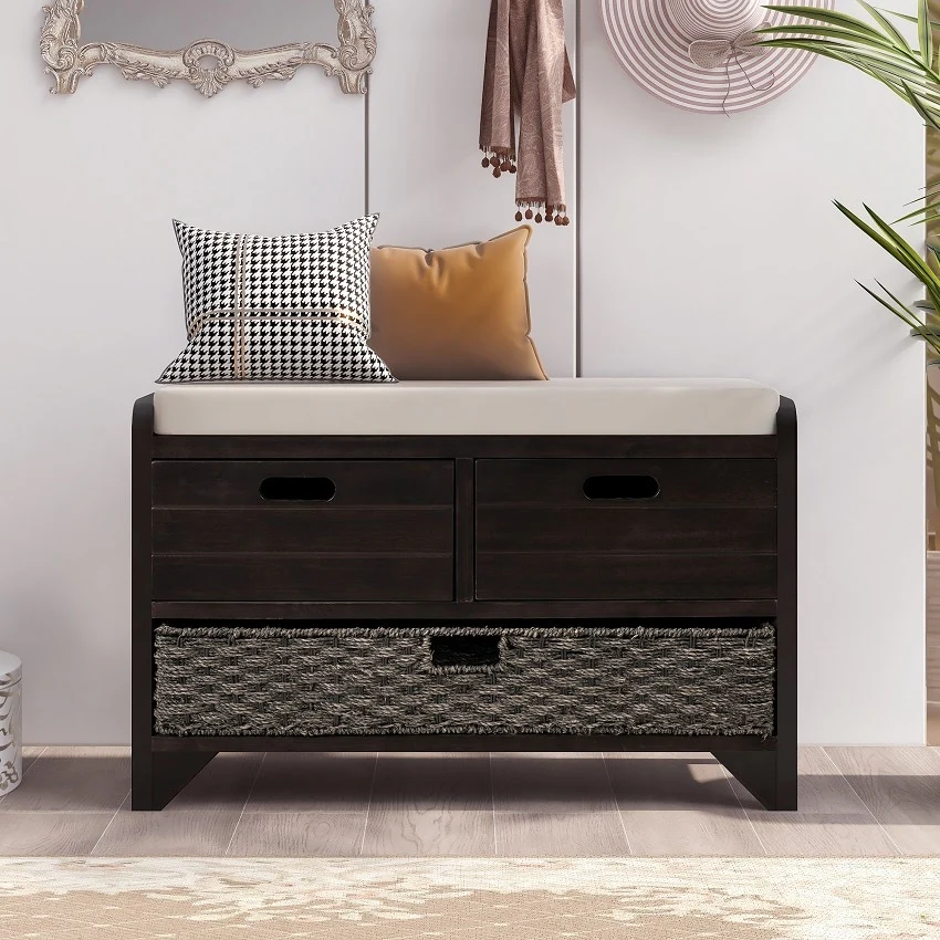 Storage Bench Entryway Bench with Removable Basket and 2 Drawers, with Removable Cushion for Living Room