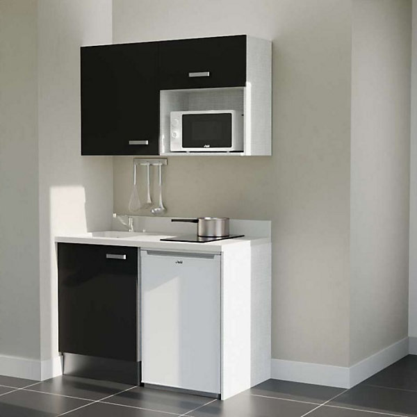 Kitchenette K07 - 120 cm - façades Noir - Plan monobloc en quartz coloris Snova évier à gauche - Electroménager Blanc