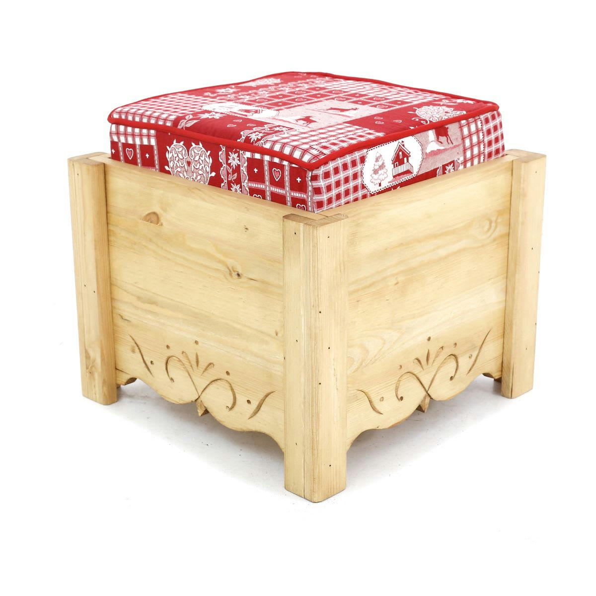 DAHU - Pouf coffre de rangement pin massif sculpté Cervino rouge Aspin