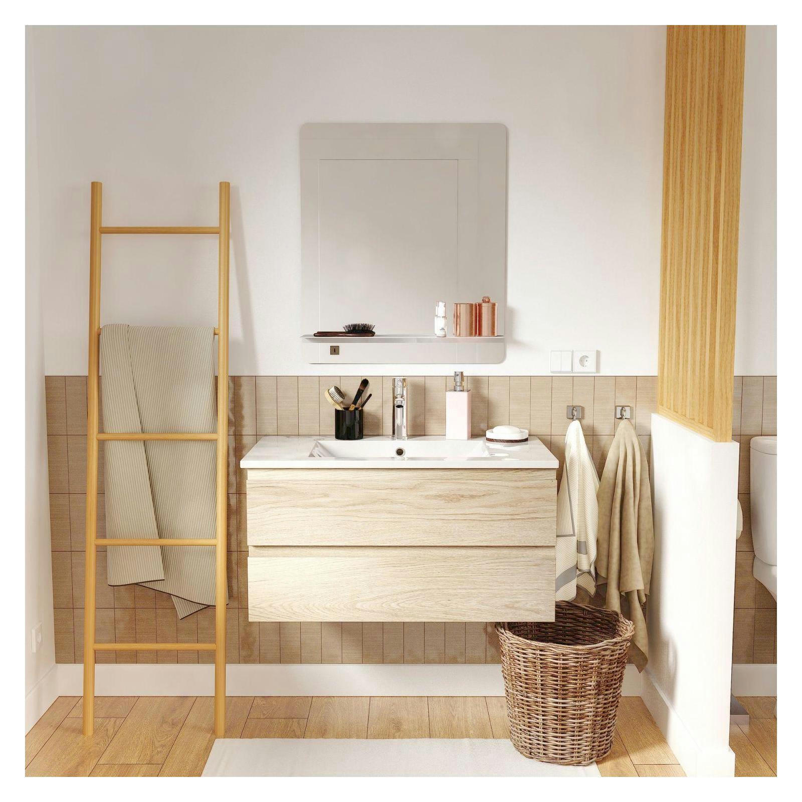 SORRENTO - Meuble simple vasque 80cm décor chêne  + vasque+robinet chromé+miroir