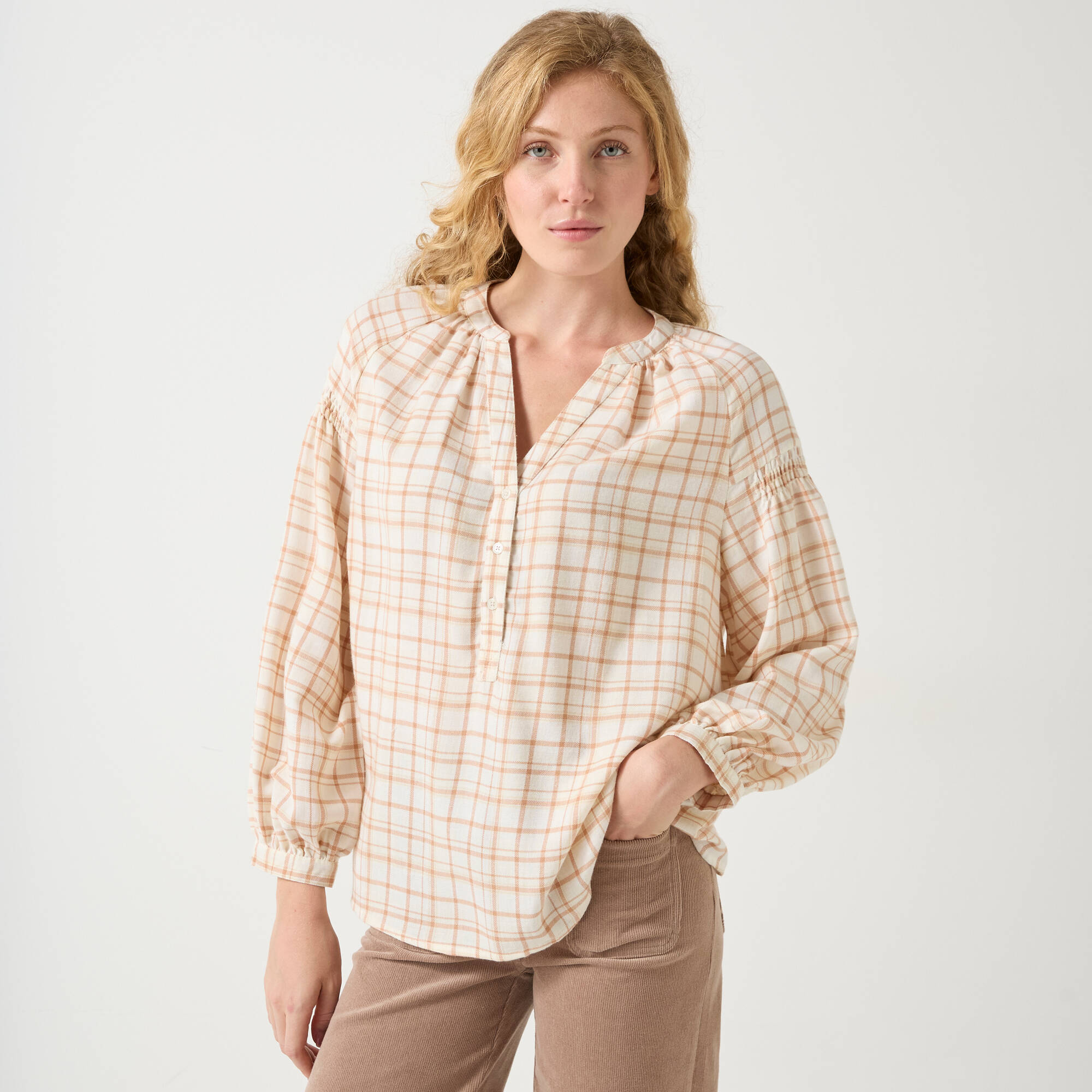 Blouse imprimée carreaux flanelle, manches 7/8