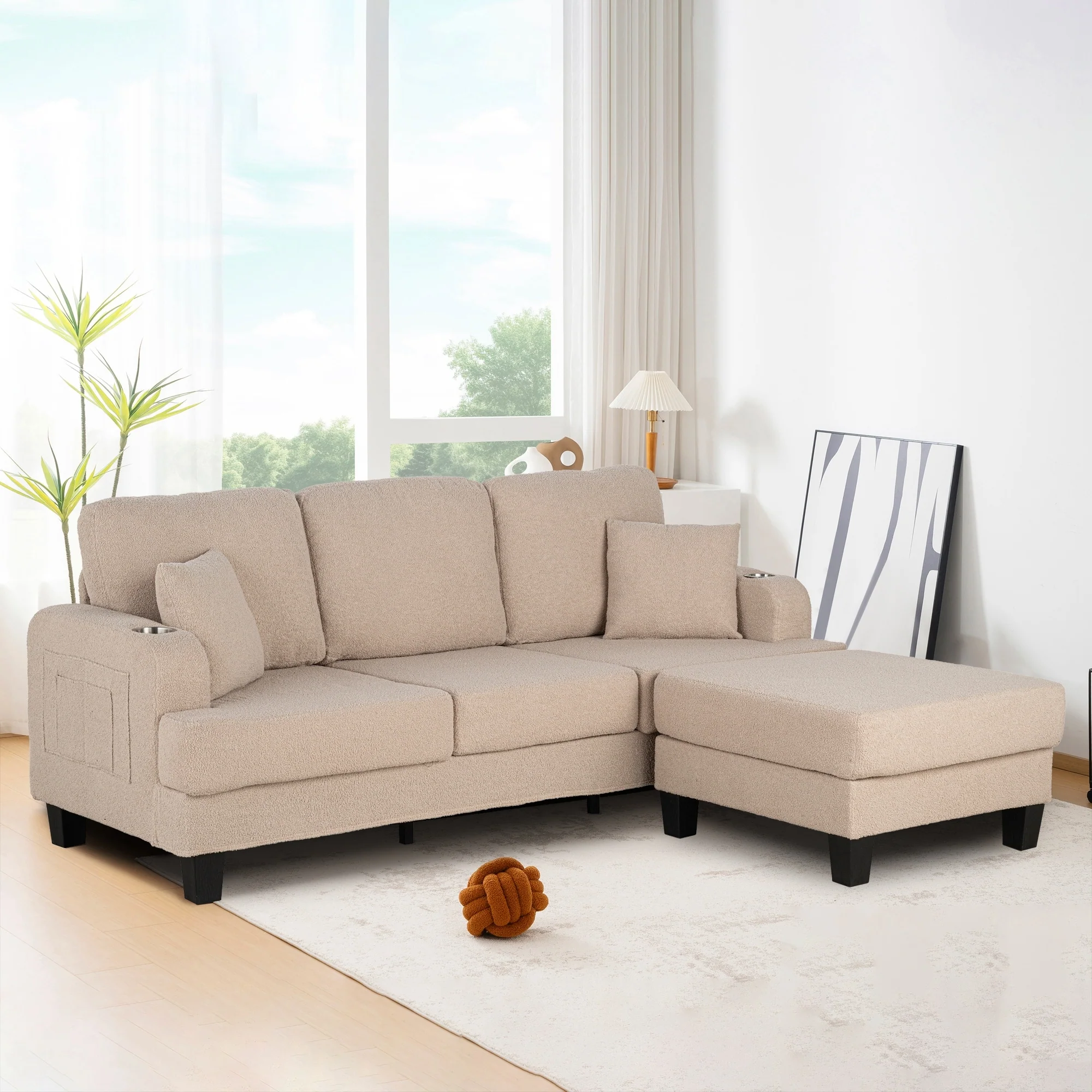 Modern Beige 3-piece Sectional Sofa Set with Loveseat and Storage Ottoman