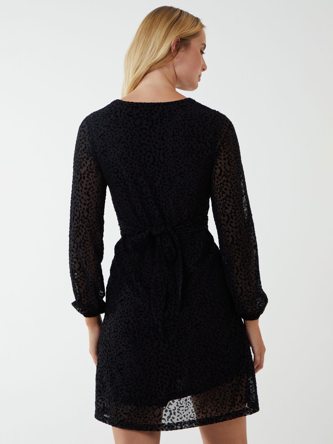 Blue Vanilla Leopard Print Flocked Knot Front Dress