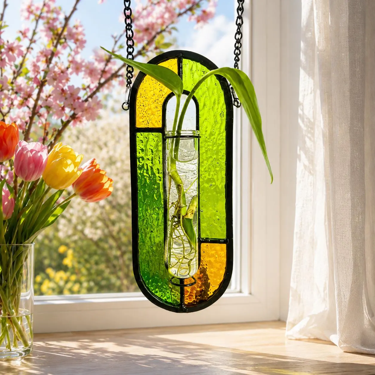 Window Plant Propagation Decor, Stained Glass Hanging Flower Vase Suncatcher, Handmade Wall Planter Gift, Botanical Home Décor