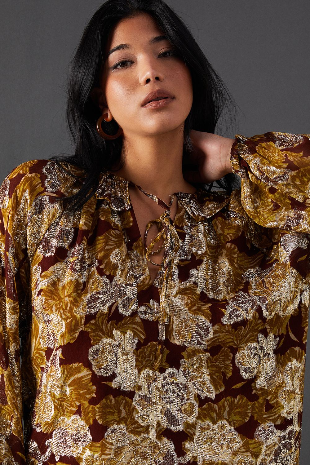 Warehouse Printed Metallic Jacquard Tie Neck Frill Collar Blouse