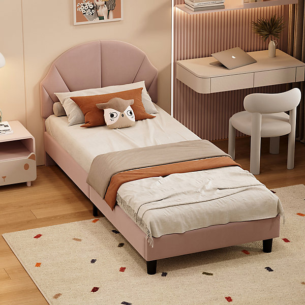 Lit Enfant 90x200 Cm Avec Tête De Lit Réglable Et Sommier à Lattes, Lit Simple Rembourré,rose