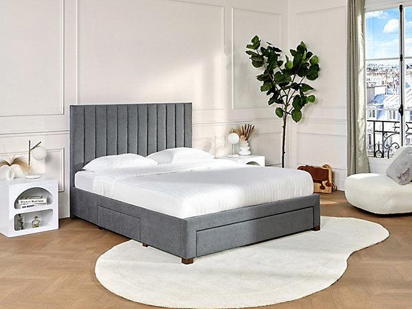 Lit avec 3 tiroirs 180 x 200 cm - Tissu - Gris - LIAKO