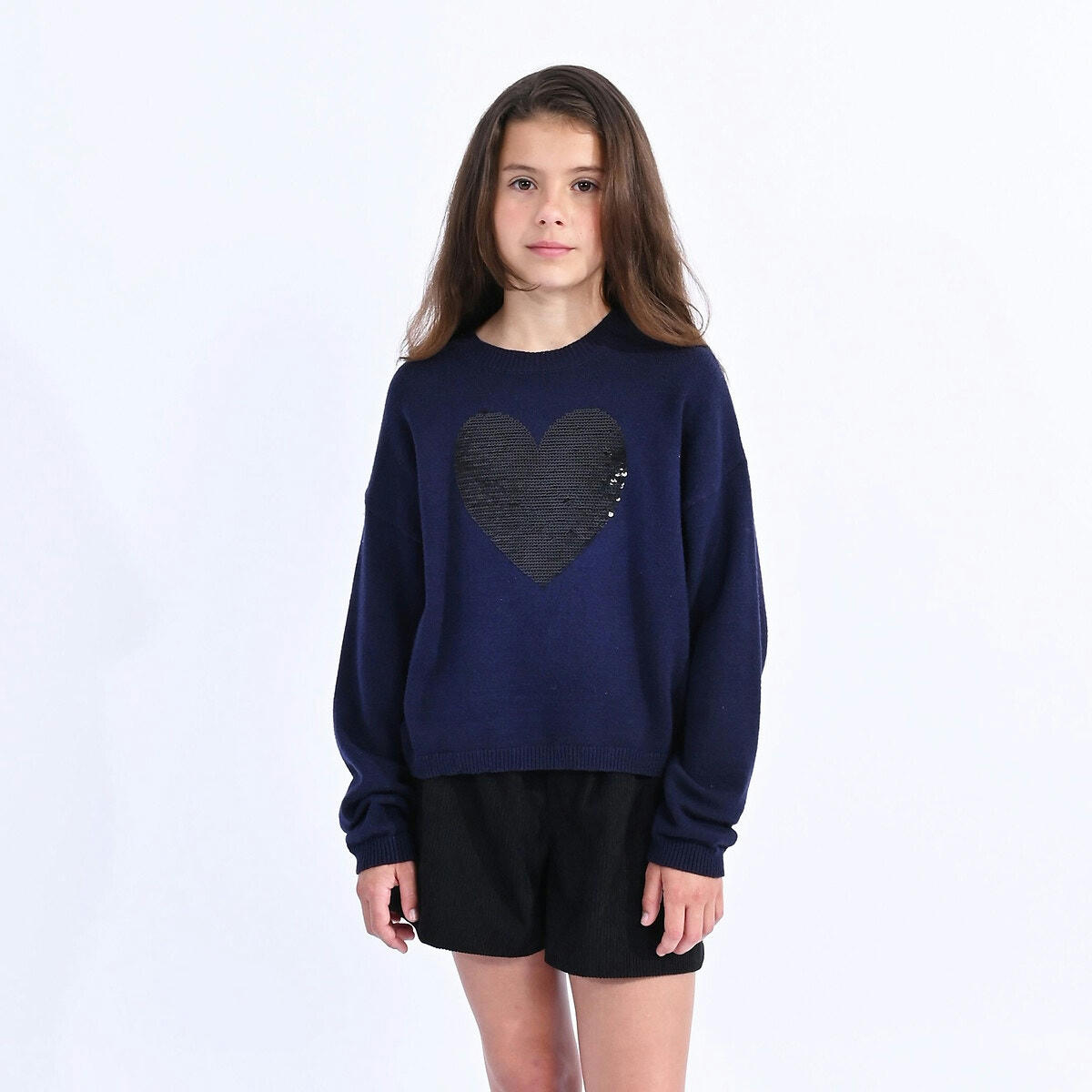 Pull col rond, motif cœur