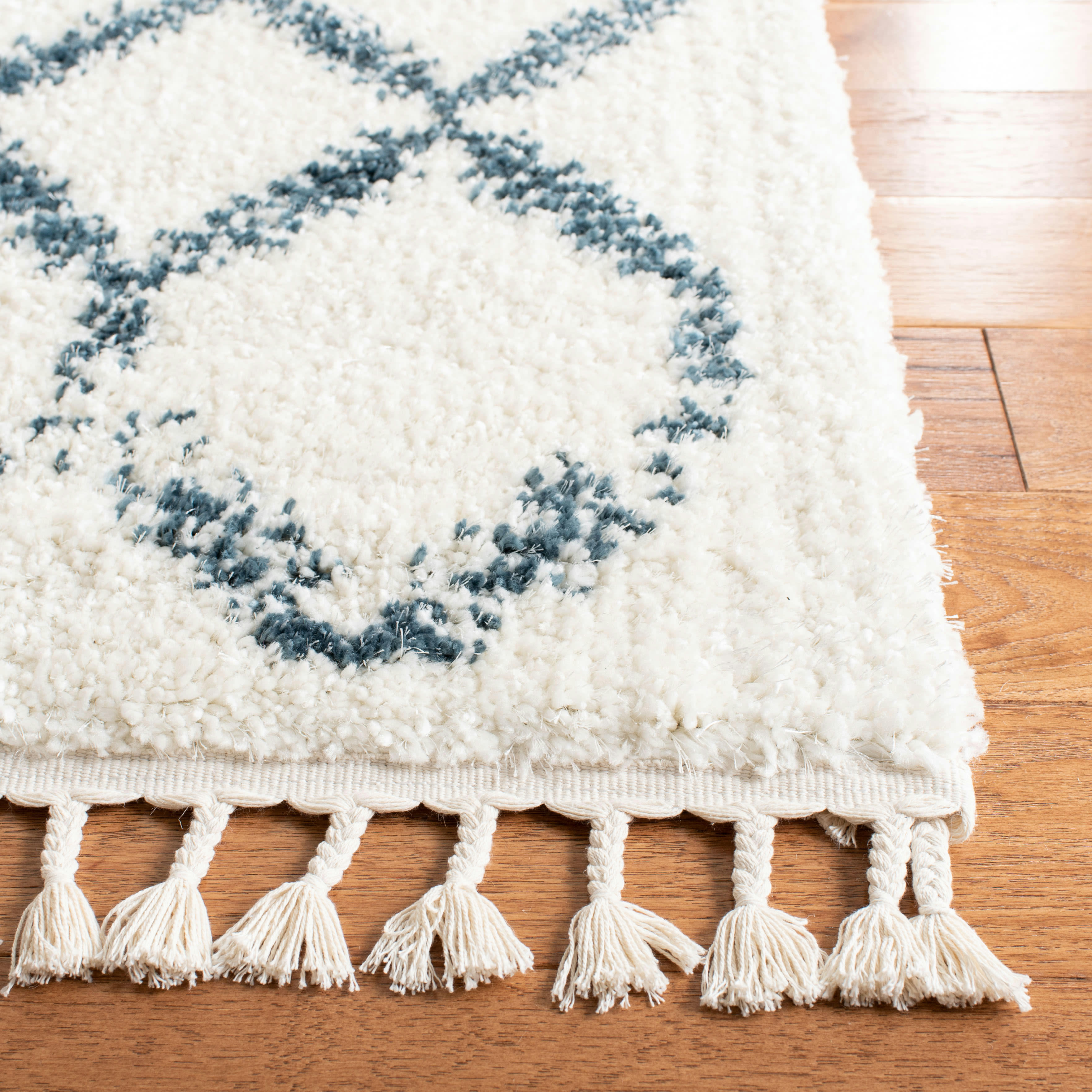 BERBER FRINGE SHAG - Tapis de salon interieur en crème & bleu, 99 x 160 cm