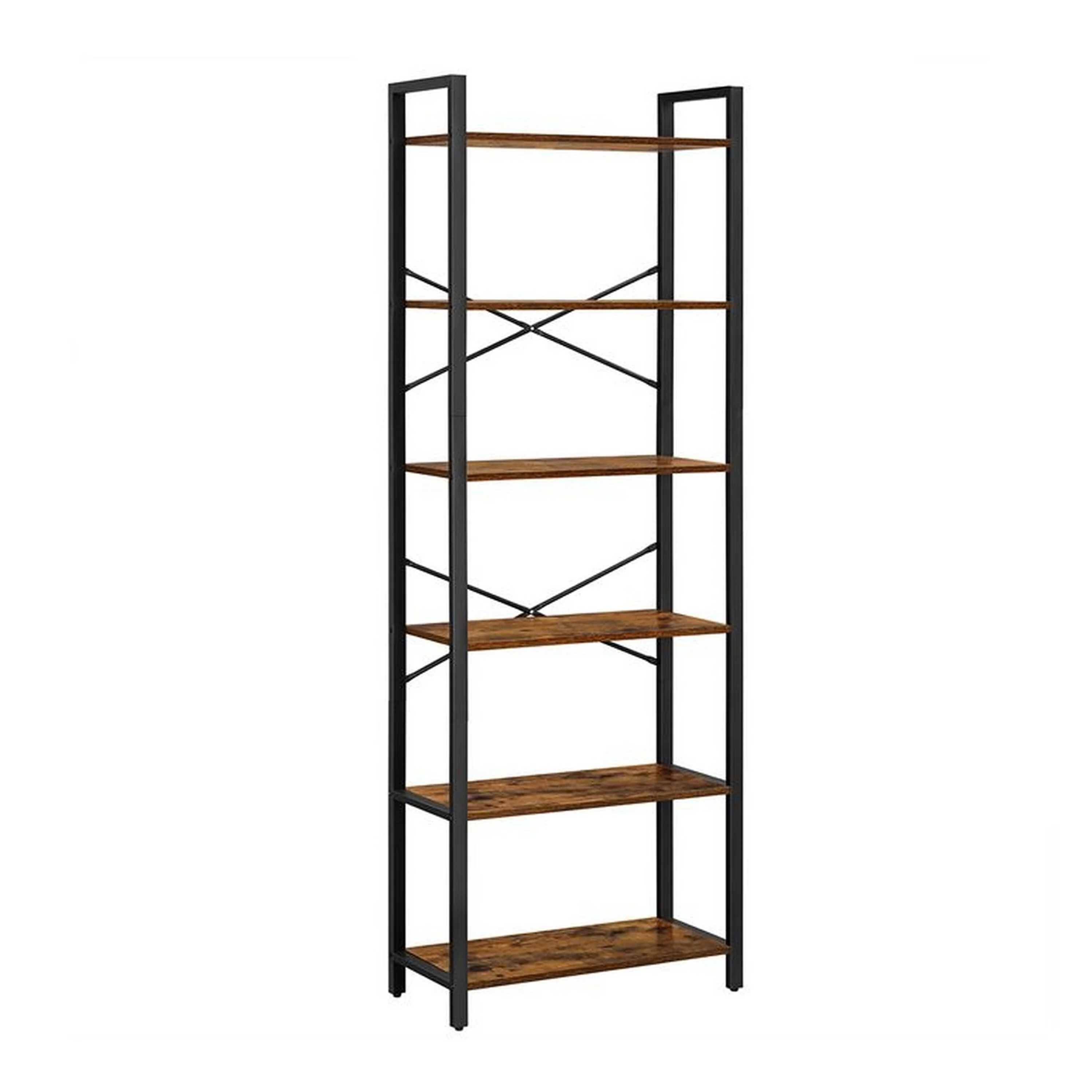 73 Inch Modern Shoe Rack, 6 Open Shelves, Black Metal Frame, Brown Wood