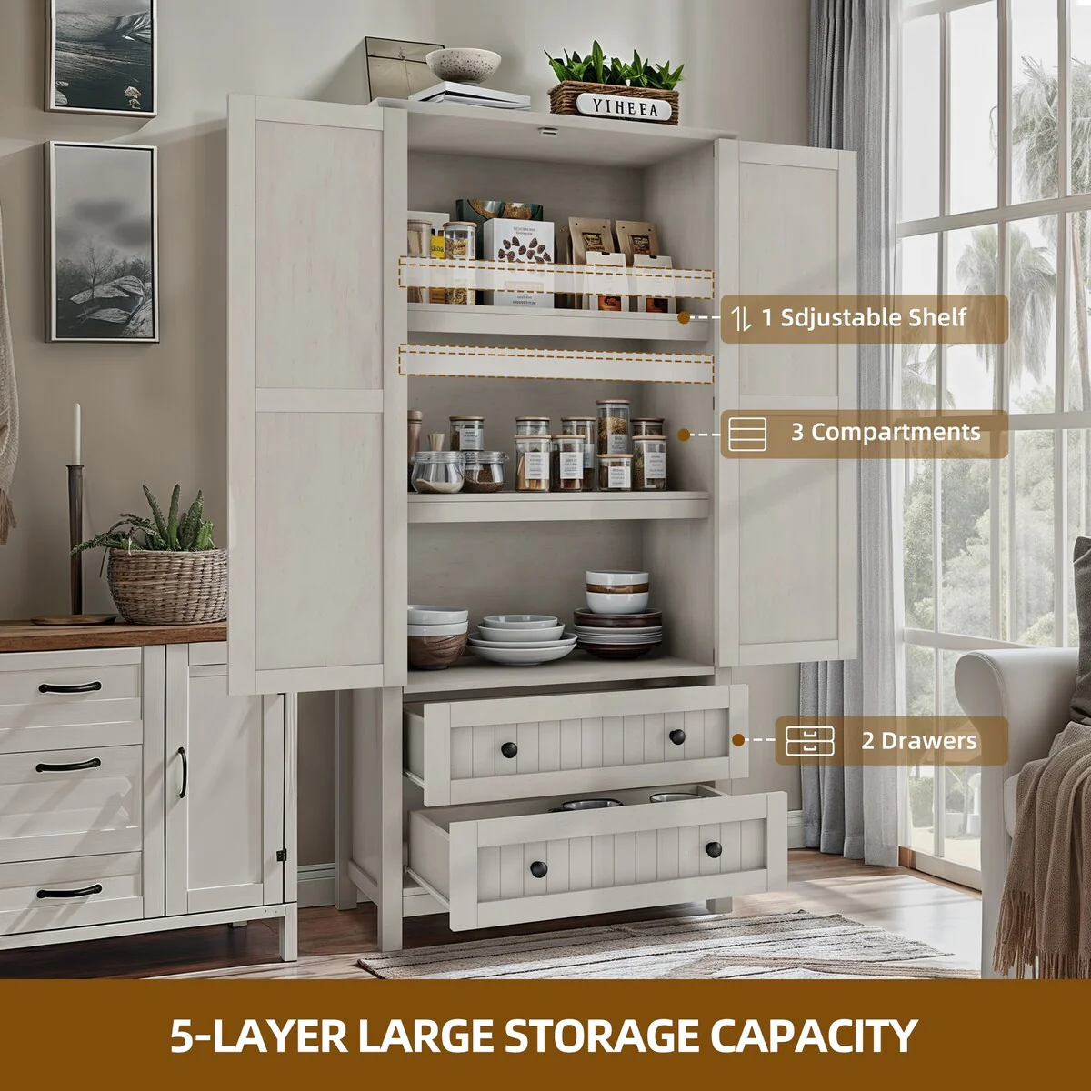 64 Farmhouse Tall Kitchen Pantry Storage Cabinet with 2 Drawers & Doors