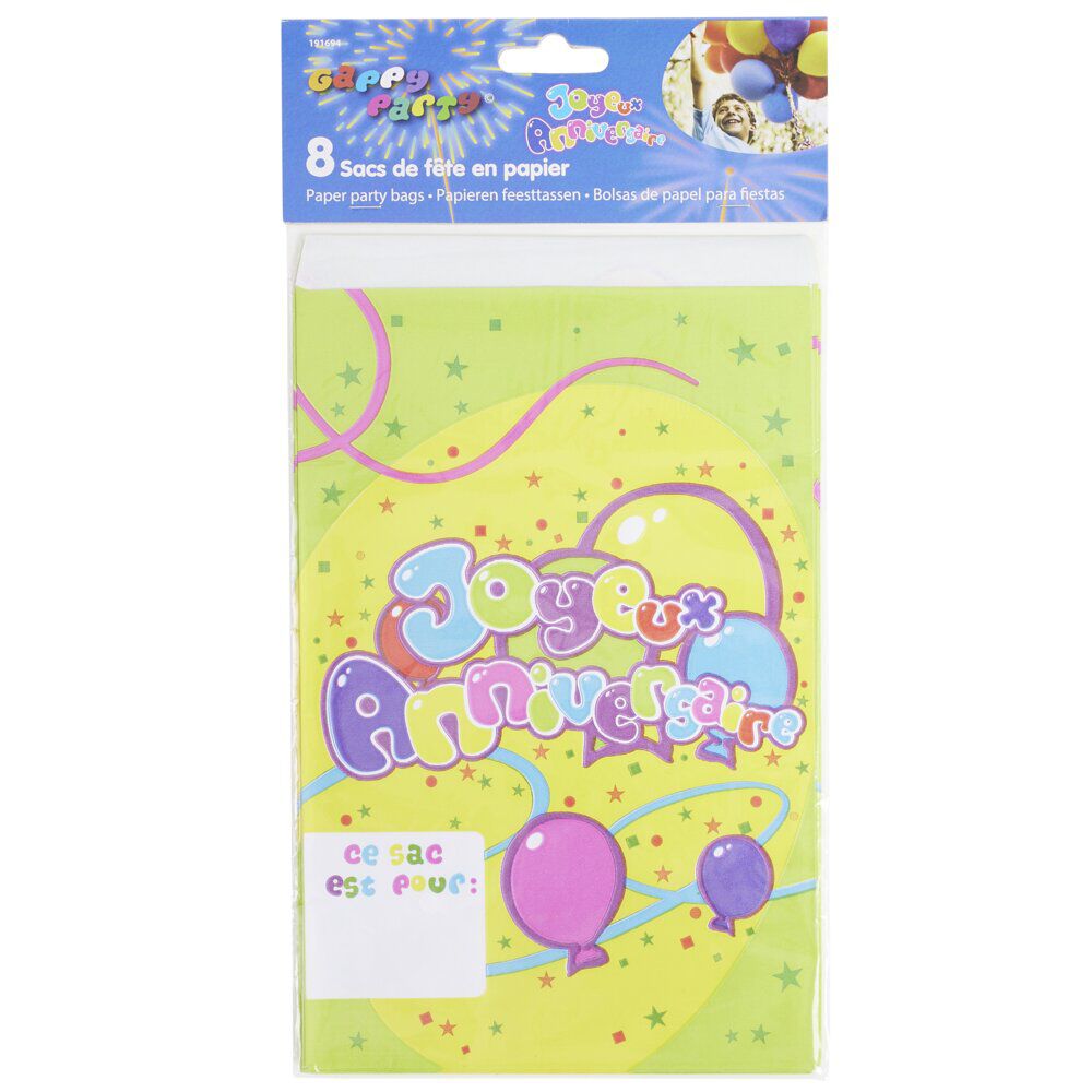 Sac cadeau anniversaire X8 papier imprimé L30X16Xép.0.5 cm multicolore