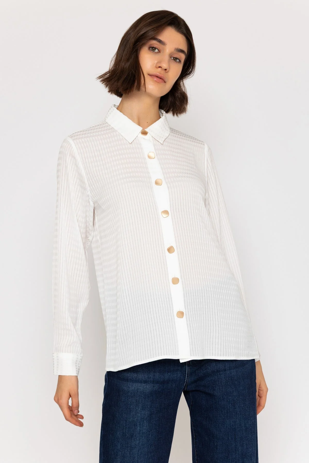 White Jacquard Blouse with Gold Buttons