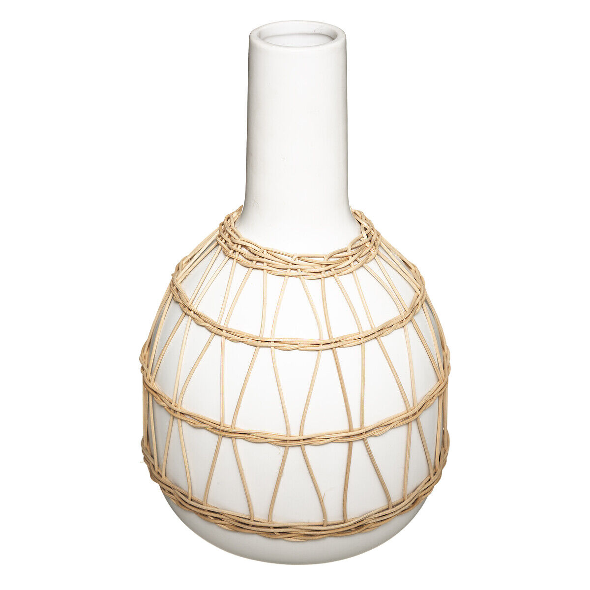 Jarra branca em cerâmica e decoração em rattan 29cm