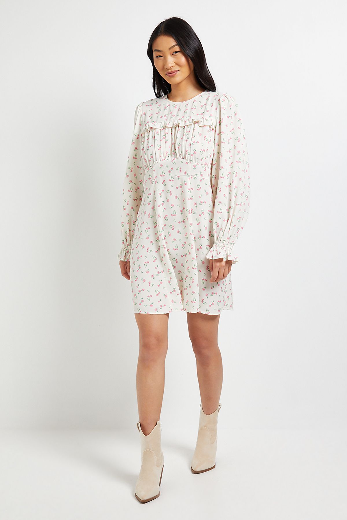 Dorothy Perkins Petite Cream Ditsy Gathered Bodice Lace Back Long Sleeve Mini Dress