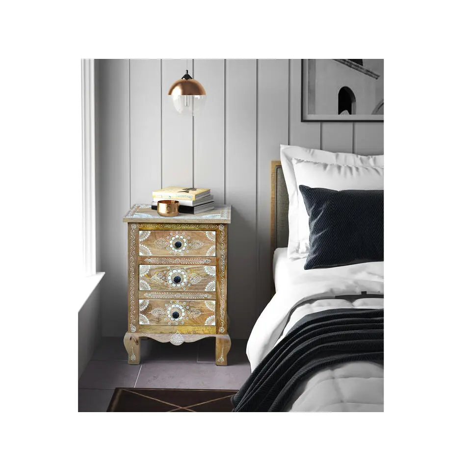 Sharma - Nachtkastje met 3 laden en lichtbruin mangohout