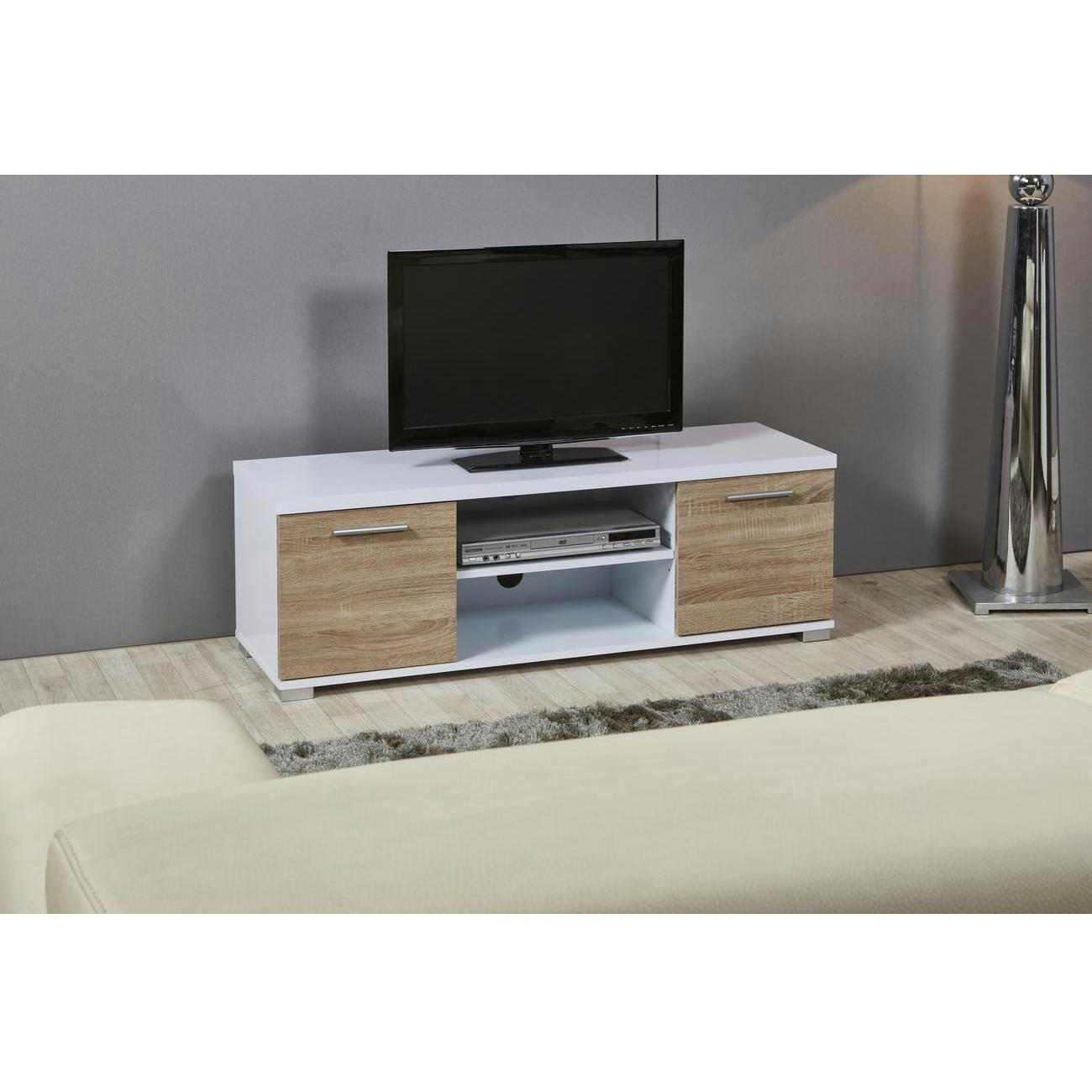 TEDDY - Meuble TV bois laqué beige et blanc